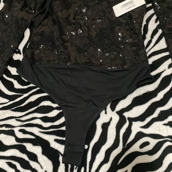 Fore black sequins sweetheart long sleeve bodysuit Onsie open keyhole tie back - Picture 7 of 11